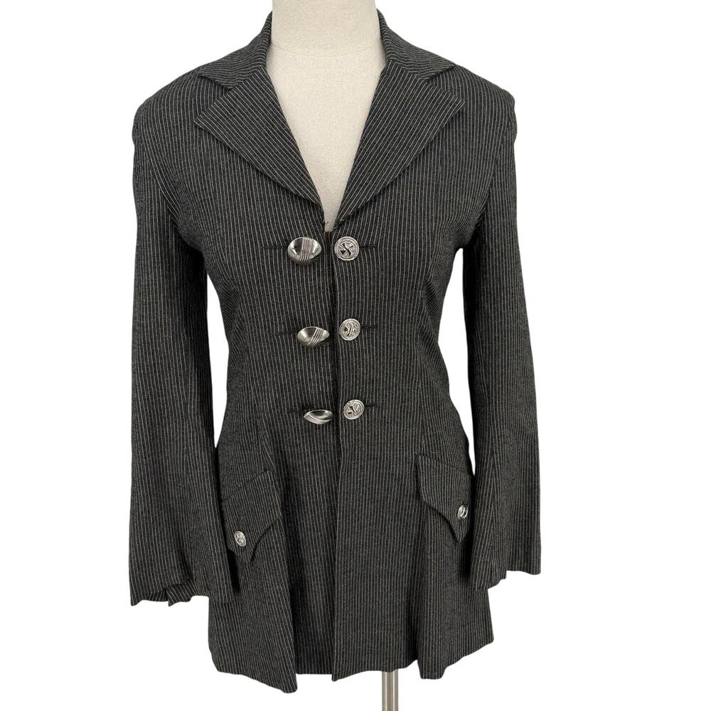 Wendy Trendy Italy Y2K Pinstripe Wool Blend Blazer Jacket Silver Buttons 42 US 4